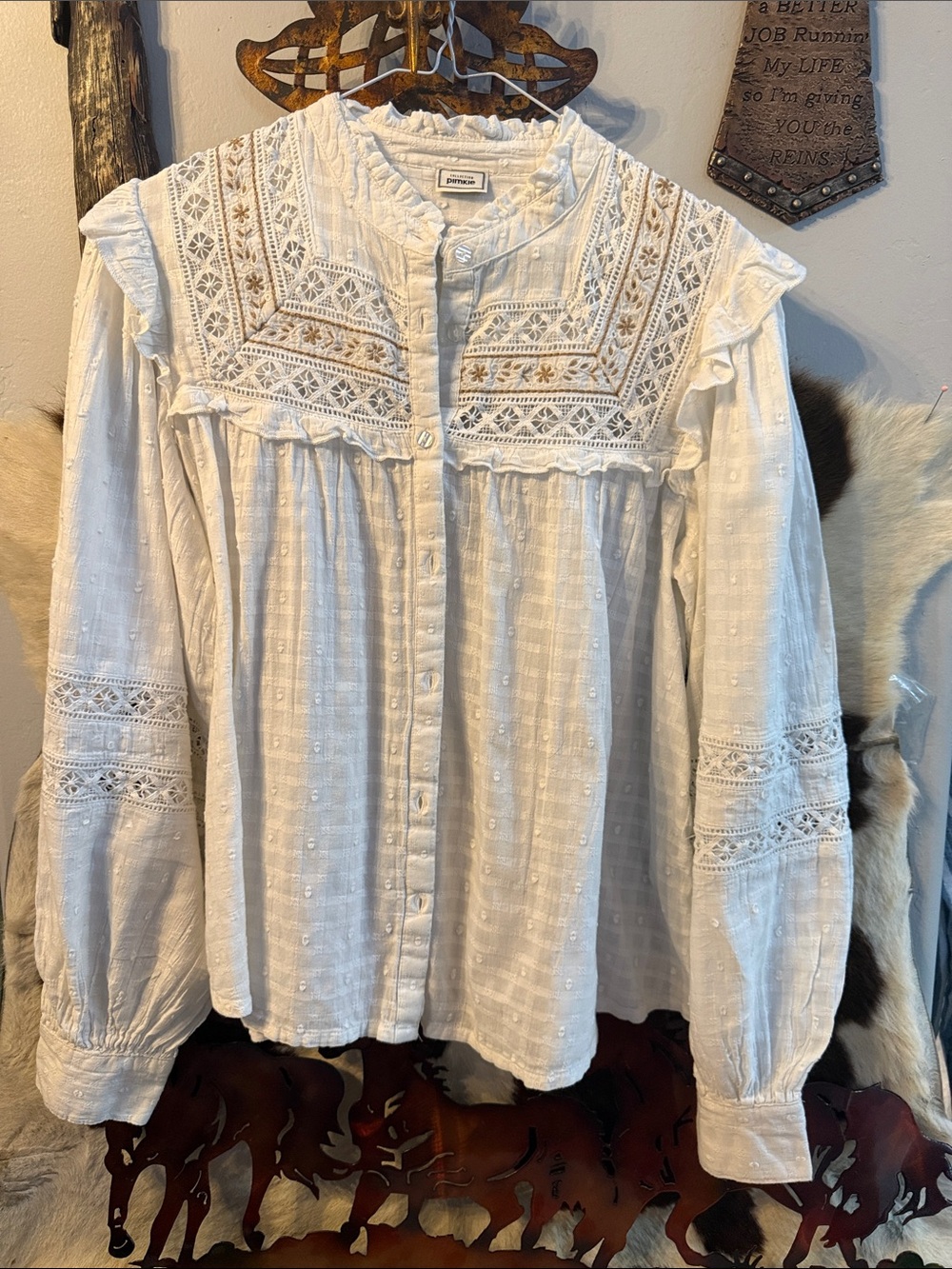 White Embroidered Cotton Button-Front Blouse with Lace Yoke